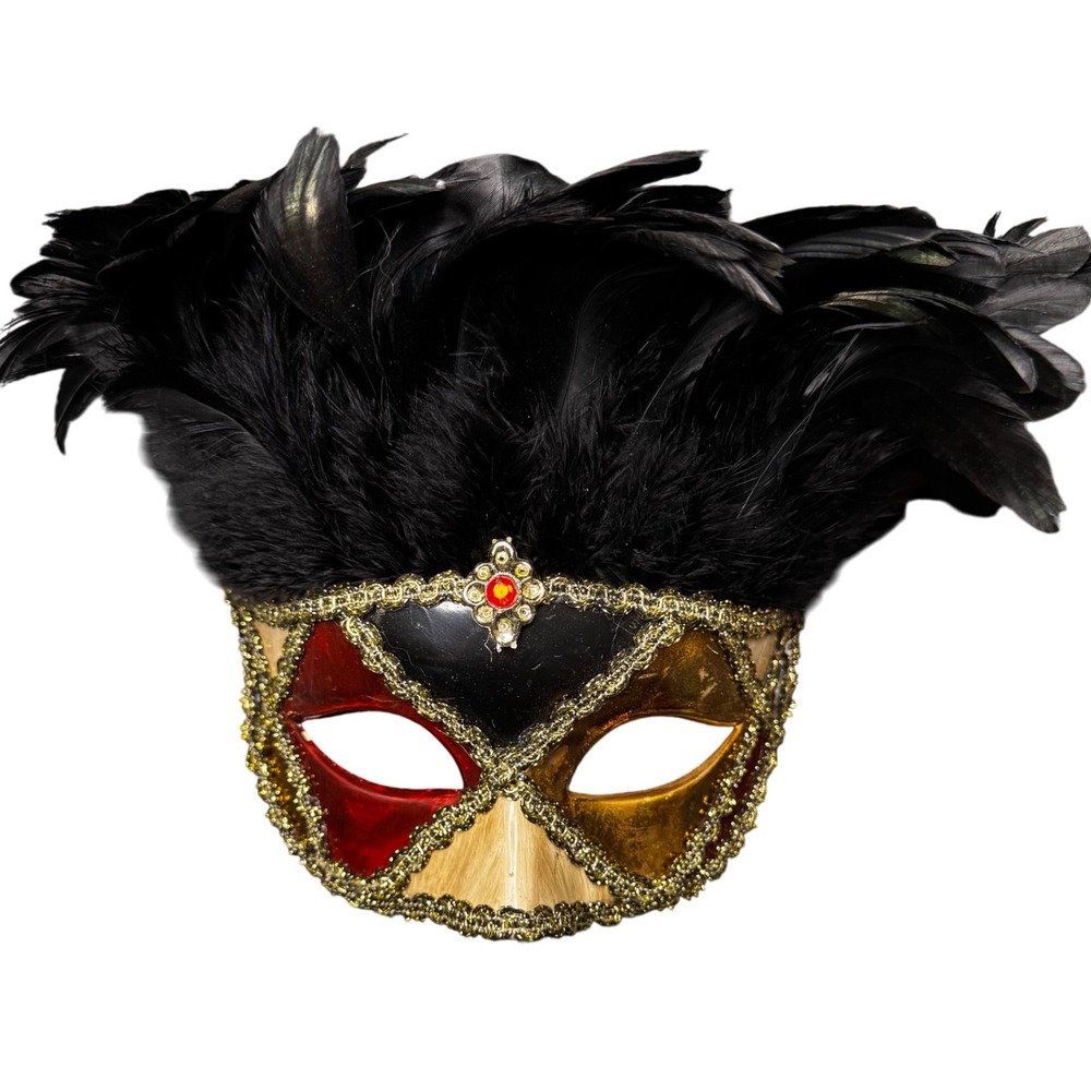VTG Handcrafted Venetian Masquerade Mask Black Red‎ Gold Feather Costume